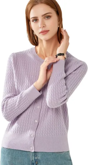 100% Cashmere Women's Cable Knit Cardigan Sweaters for Women Long Sleeve Crew Neck Warm Button Down