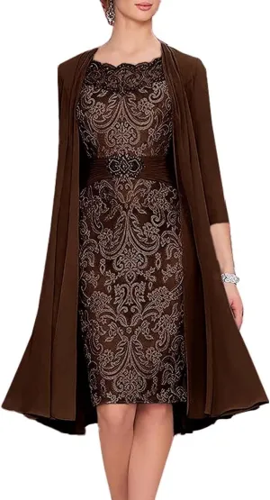 2 Pieces Mother of The Bride Dresses with Jacket Laces Appliques Mother of The Groom Dresses for Wedding Tea Length