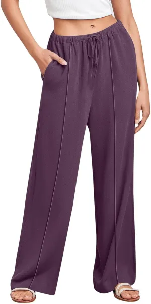 2024 Summer Linen Palazzo Pants Womens Casual Loose Drawstring Beach Palazzo Harem Joggers Pants with Pockets