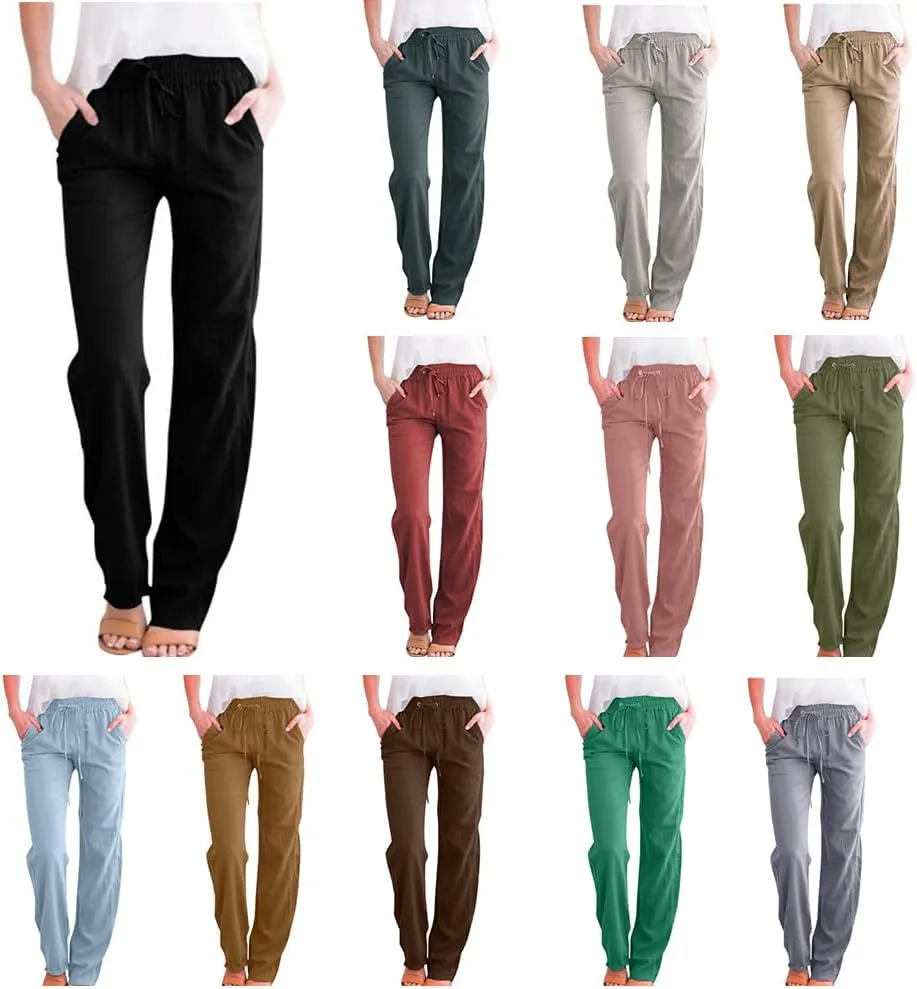 2025 Capri Pants for Women Casual Summer Drawstring Elastic High Waist Linen Pant Straight Leg Cropped