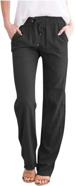 2025 Capri Pants for Women Casual Summer Drawstring Elastic High Waist Linen Pant Straight Leg Cropped
