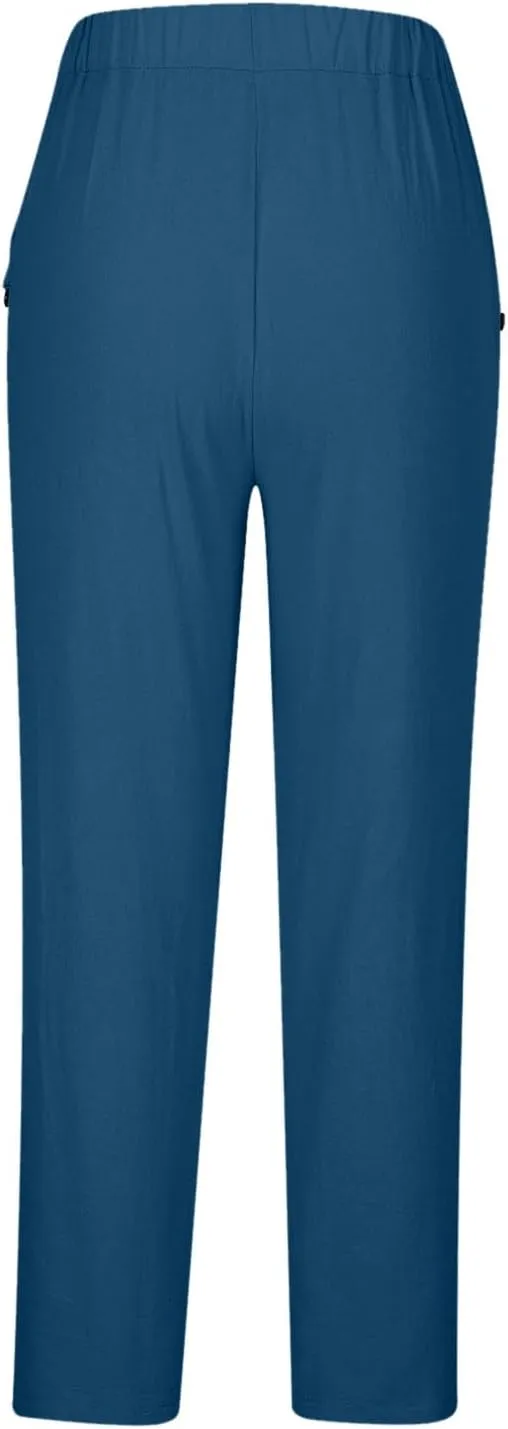 2025 Casual Cotton Linen Pants Women Lightweight Summer Relax Fit Elastic Waist Plus Size Solid Lounge Long Trousers