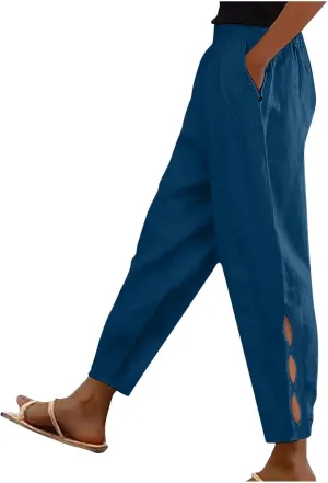2025 Casual Cotton Linen Pants Women Lightweight Summer Relax Fit Elastic Waist Plus Size Solid Lounge Long Trousers