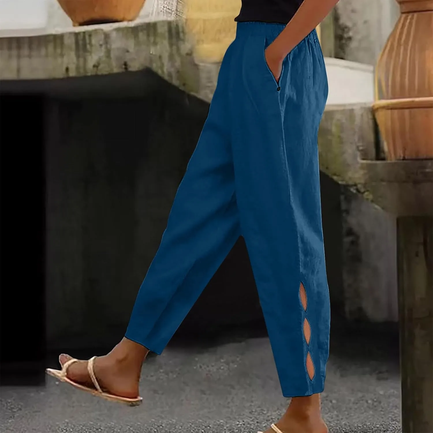 2025 Casual Cotton Linen Pants Women Lightweight Summer Relax Fit Elastic Waist Plus Size Solid Lounge Long Trousers