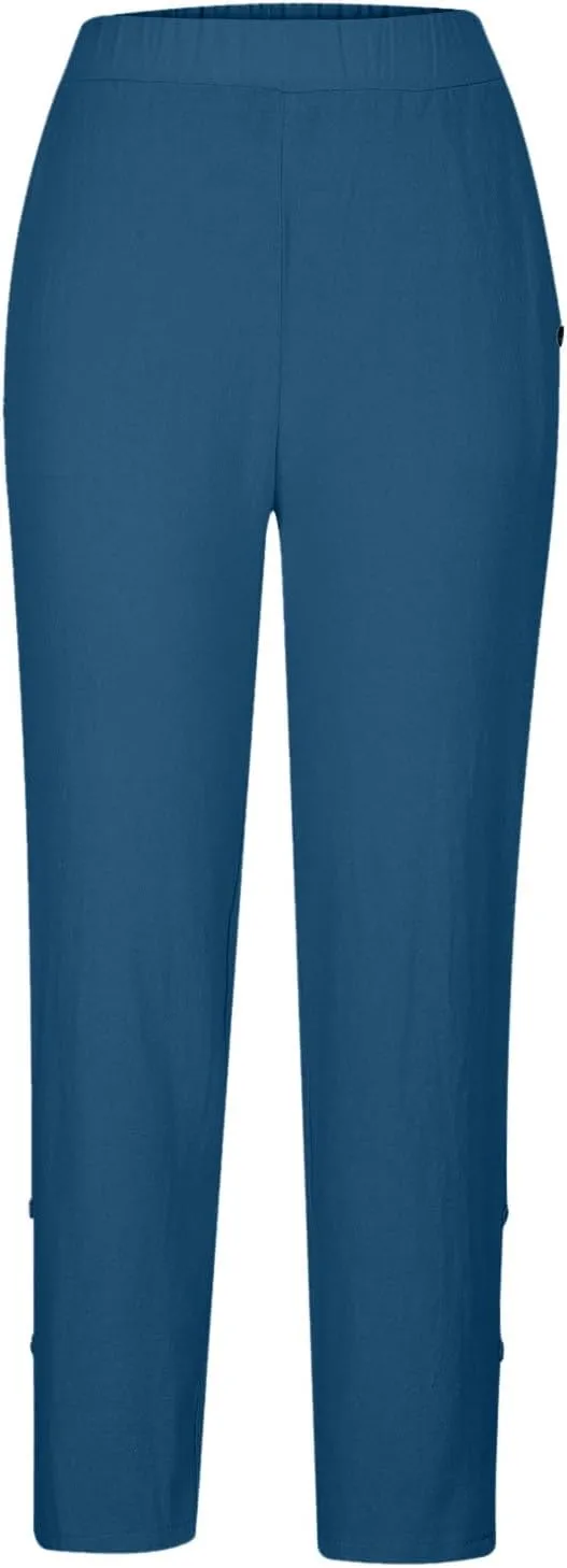 2025 Casual Cotton Linen Pants Women Lightweight Summer Relax Fit Elastic Waist Plus Size Solid Lounge Long Trousers