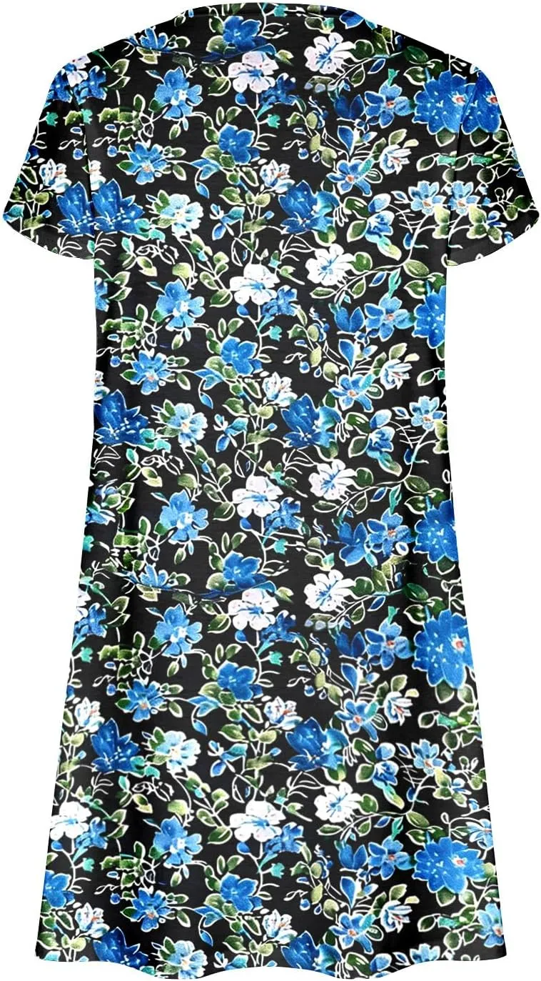 2025 Summer Womens Shirt Dresses Floral Graphic Print Short Petal Sleeve Casual Mini Dress w Pockets Loungewear