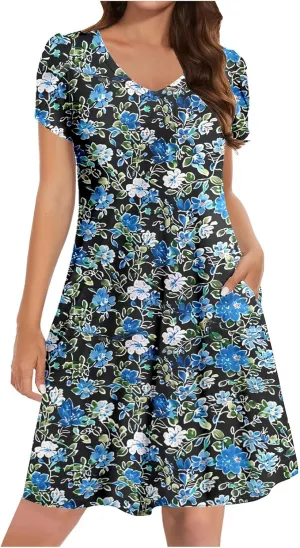 2025 Summer Womens Shirt Dresses Floral Graphic Print Short Petal Sleeve Casual Mini Dress w Pockets Loungewear