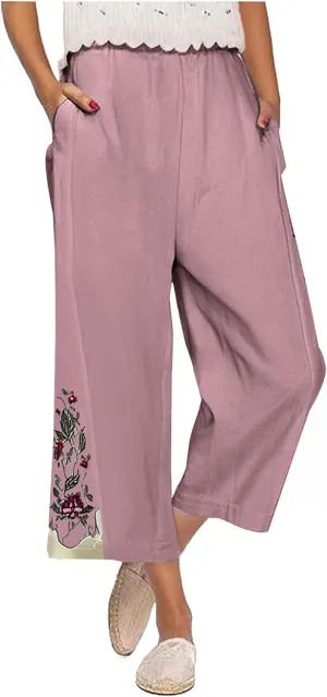 2025 Trendy Women Linen Pants Casual Wide Leg with Embroidery Pattern Cropped Palazzo Beach Boho Pant Summer Outfits