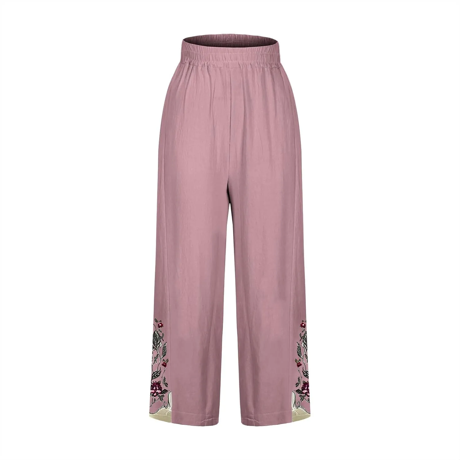 2025 Trendy Women Linen Pants Casual Wide Leg with Embroidery Pattern Cropped Palazzo Beach Boho Pant Summer Outfits