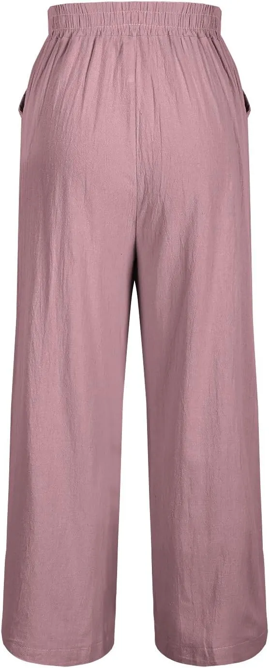 2025 Trendy Women Linen Pants Casual Wide Leg with Embroidery Pattern Cropped Palazzo Beach Boho Pant Summer Outfits