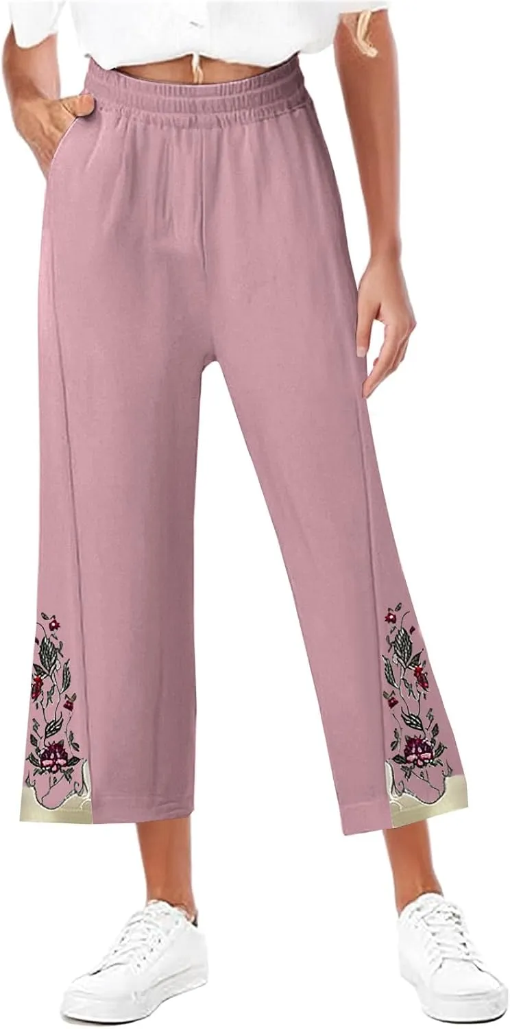 2025 Trendy Women Linen Pants Casual Wide Leg with Embroidery Pattern Cropped Palazzo Beach Boho Pant Summer Outfits