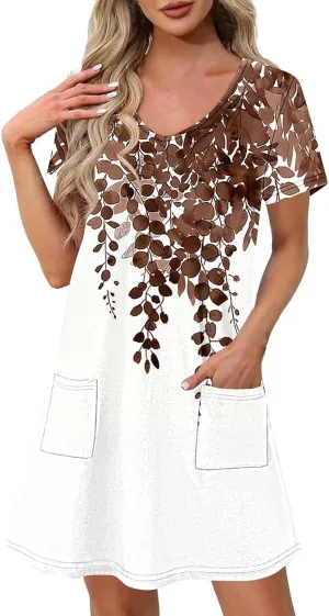 2025 Womens Summer Mini Dresses Casual Floral Shirt Dress Short Sleeve V-Neck Beach Sundress Pockets Swimsuit Coverup