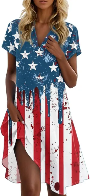 4Th of July Summer Midi Dresses for Women Patriotic Tshirt Dress Collared V Neck Short Sleeve Swing Festival Outfits