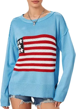 4th of July Vintage Sweater Long Sleeve Knit Pullover American Flag Sweatshirt Preppy Striped Sweaters