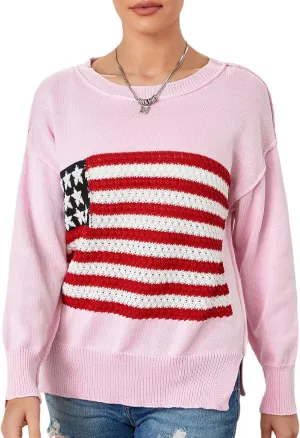 4th of July Vintage Sweater Long Sleeve Knit Pullover American Flag Sweatshirt Preppy Striped Sweaters