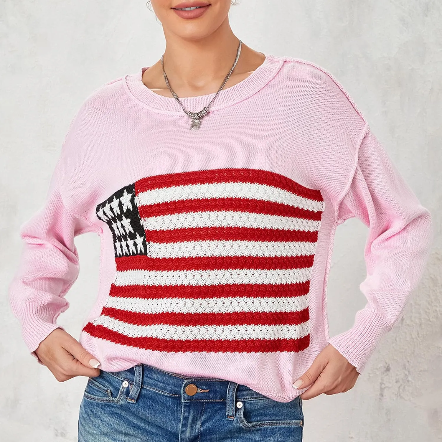 4th of July Vintage Sweater Long Sleeve Knit Pullover American Flag Sweatshirt Preppy Striped Sweaters