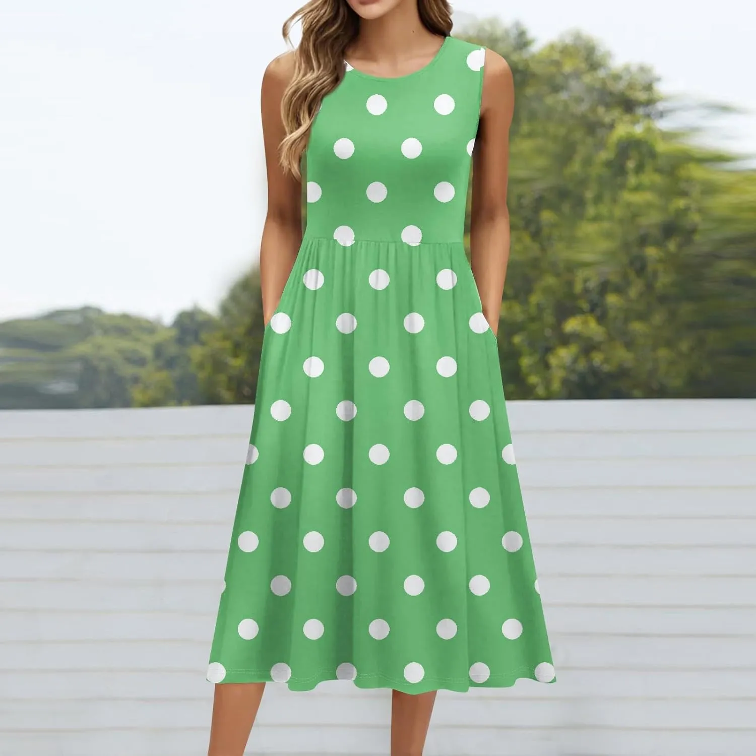 ADHOWBEW Dresses for Women 2025 Round Neck Flowy Casual Plus Size Sexy Vacation Sleeveless Long Dresses