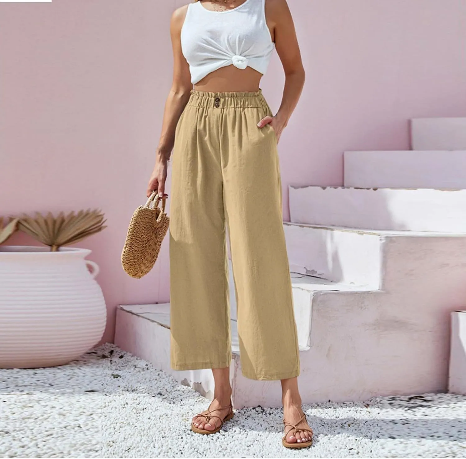 ADHOWBEW Womens Summer Pants 2025 Dressy Trousers Loose Fit Comfy Lounge Cover Ups Slacks Casual Plus Size Trendy Pants