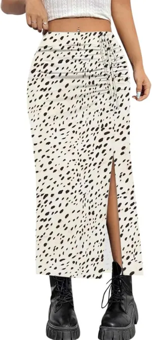 AIMCOO Womens Leopard Print Midi Skirt with Slit Stretchy Ruched Long Skirts Summer Casual Elastic High Waist Floral Skirts