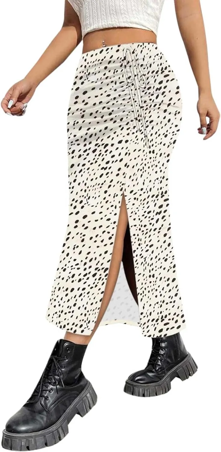 AIMCOO Womens Leopard Print Midi Skirt with Slit Stretchy Ruched Long Skirts Summer Casual Elastic High Waist Floral Skirts