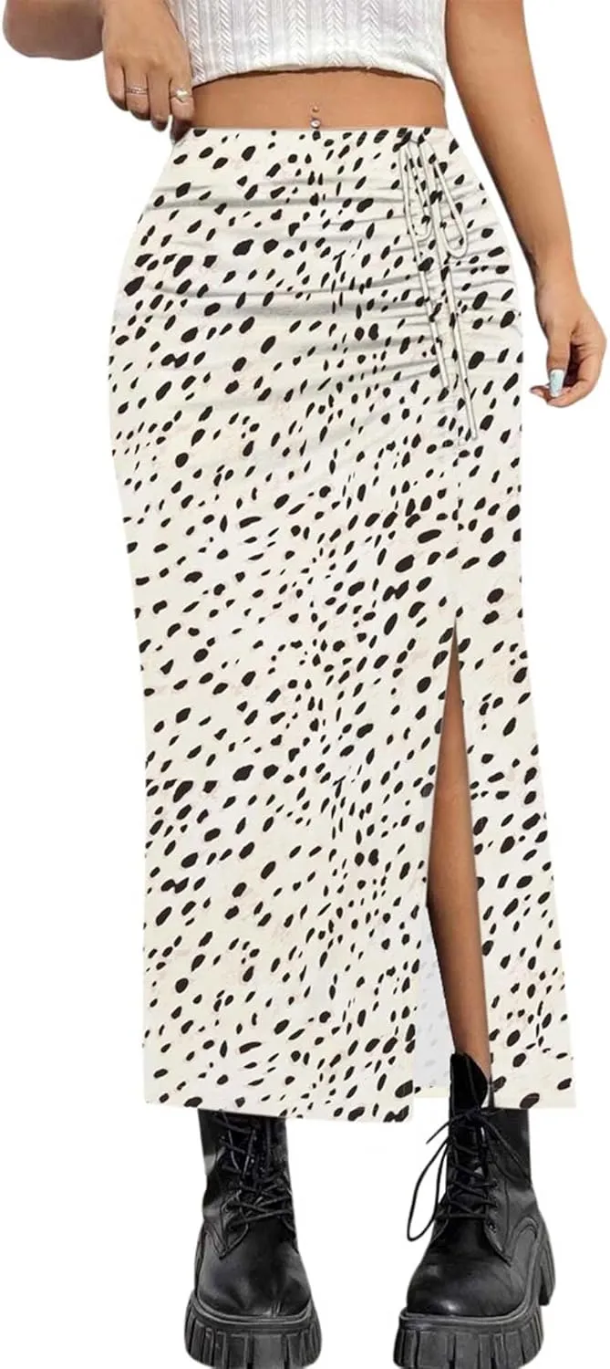 AIMCOO Womens Leopard Print Midi Skirt with Slit Stretchy Ruched Long Skirts Summer Casual Elastic High Waist Floral Skirts