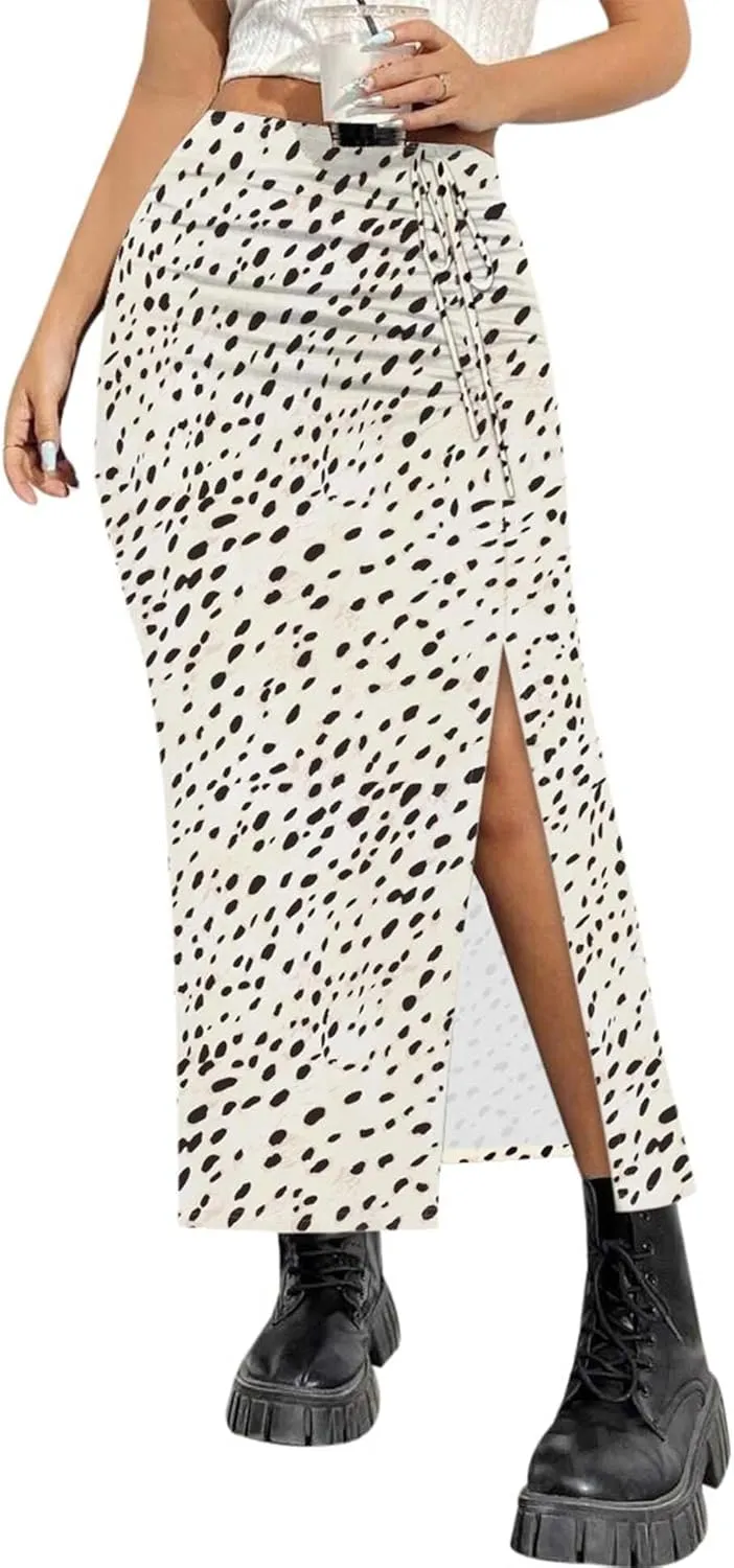 AIMCOO Womens Leopard Print Midi Skirt with Slit Stretchy Ruched Long Skirts Summer Casual Elastic High Waist Floral Skirts