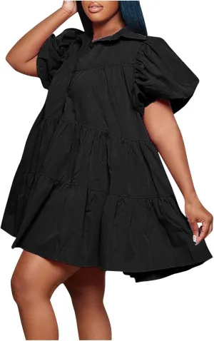 Akklian Womens Cute Babydoll Dresses Casual Loose Puff Sleeve Ruffle Button Down Pleated Shirt Dress Trendy Summer Mini Dress