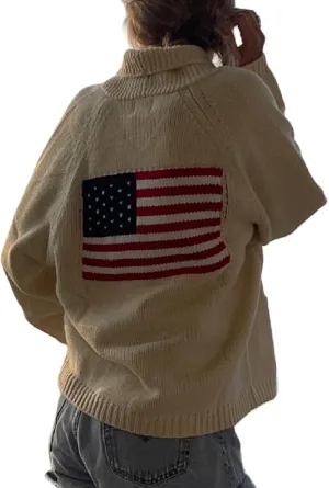 American Flag Knit Sweater Cardigan for Women USA Flag Star Stripe Print Open Front Vintage Knitwear Cardigans