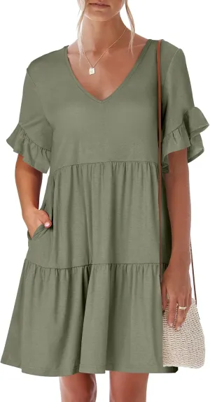 ANRABESS Dresses for Women Summer 2025 V Neck Ruffle Sleeve A Line Tiered Flowy Casual Trendy Mini Beach Dress with Pockets