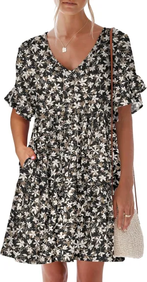 ANRABESS Dresses for Women Summer 2025 V Neck Ruffle Sleeve A Line Tiered Flowy Casual Trendy Mini Beach Dress with Pockets