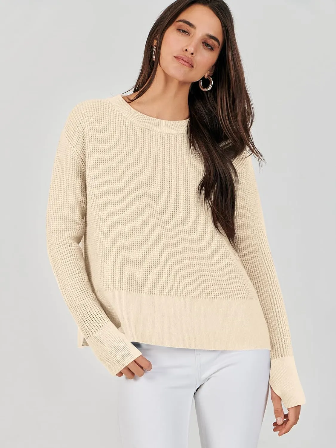 ANRABESS Womens Crewneck Long Sleeve Waffle Knit Casual Side Zipper Pullover Sweaters Top Thumbhole 2025 Fall Outfits