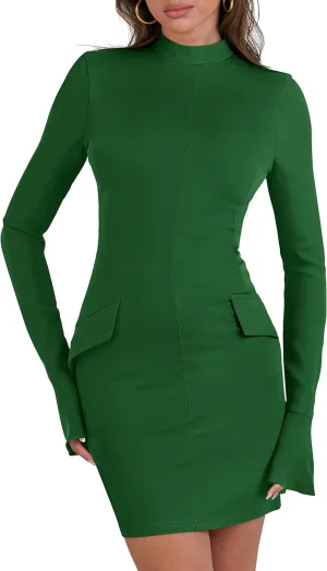 ANRABESS Women's Long Sleeve Mock Neck Sexy Bodycon Mini Dress Dressy Casual Elegant Formal Party Blazer Dresses with Pockets