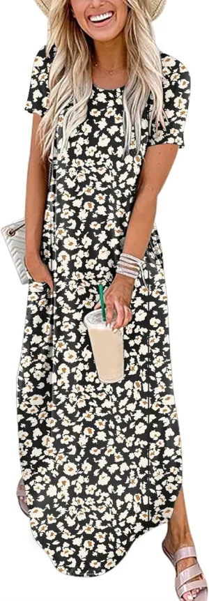 ANRABESS Women's Summer Casual Loose Short Sleeve Long T Shirt Dress Split Maxi Beach Sundress Travel Vacation Outfits