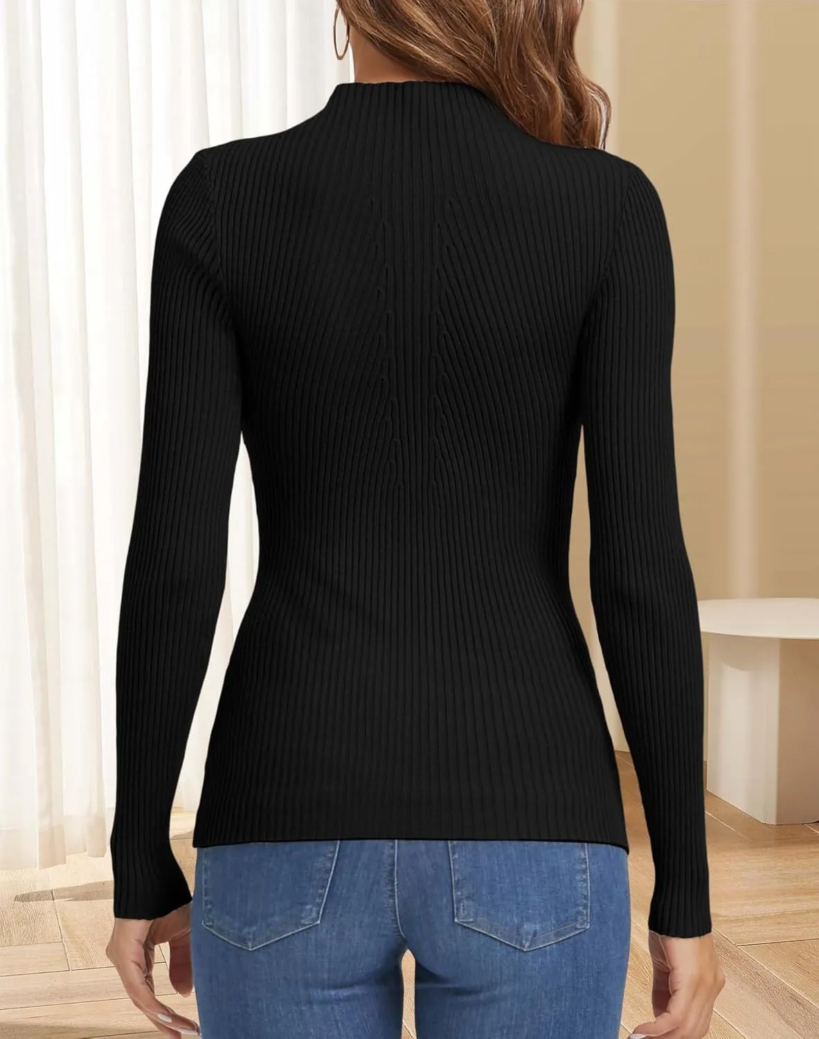 ATHMILE Women's 2025 Fall Long Sleeve Pullover Ribbed Knit Sweater Low Mock Neck Slim Fit Basic Casual Tee Tops
