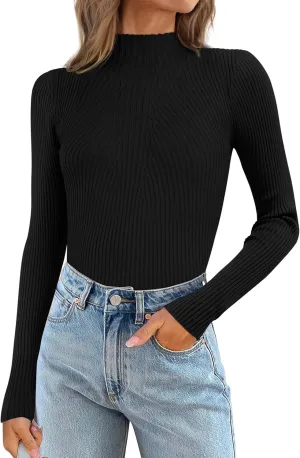 ATHMILE Women's 2025 Fall Long Sleeve Pullover Ribbed Knit Sweater Low Mock Neck Slim Fit Basic Casual Tee Tops