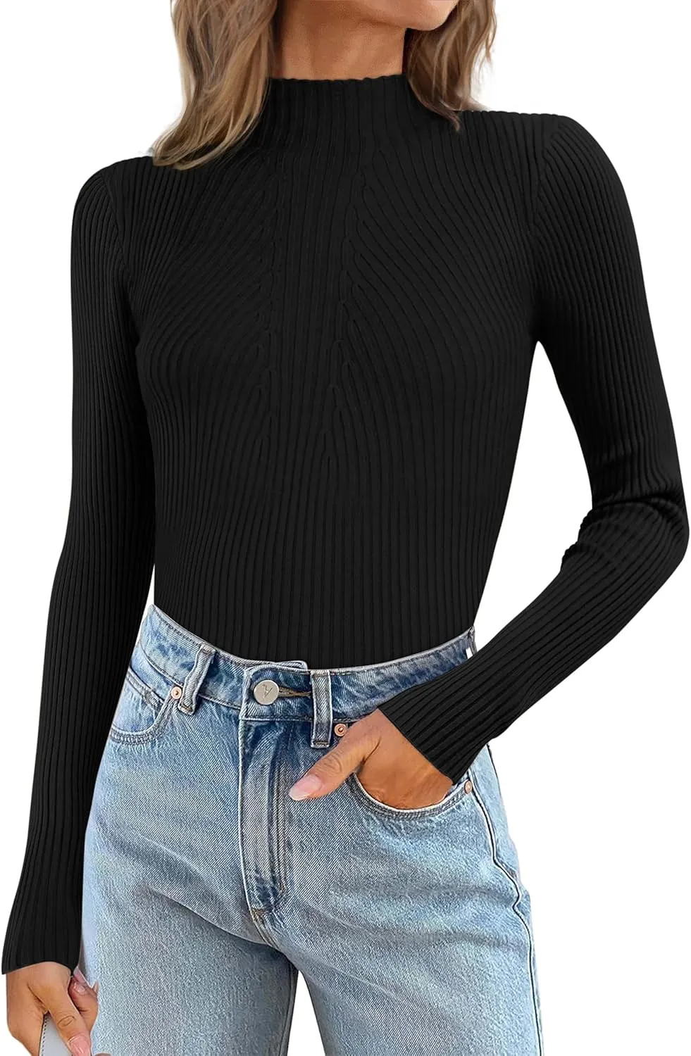 ATHMILE Women's 2025 Fall Long Sleeve Pullover Ribbed Knit Sweater Low Mock Neck Slim Fit Basic Casual Tee Tops