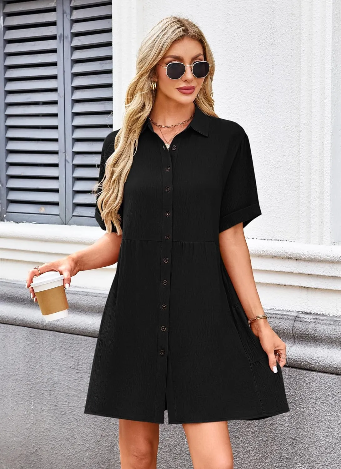 AUSELILY Women's Summer Babydoll Dress Casual Short Sleeve Sundress Button Down Dresses with Pockets 2025 New