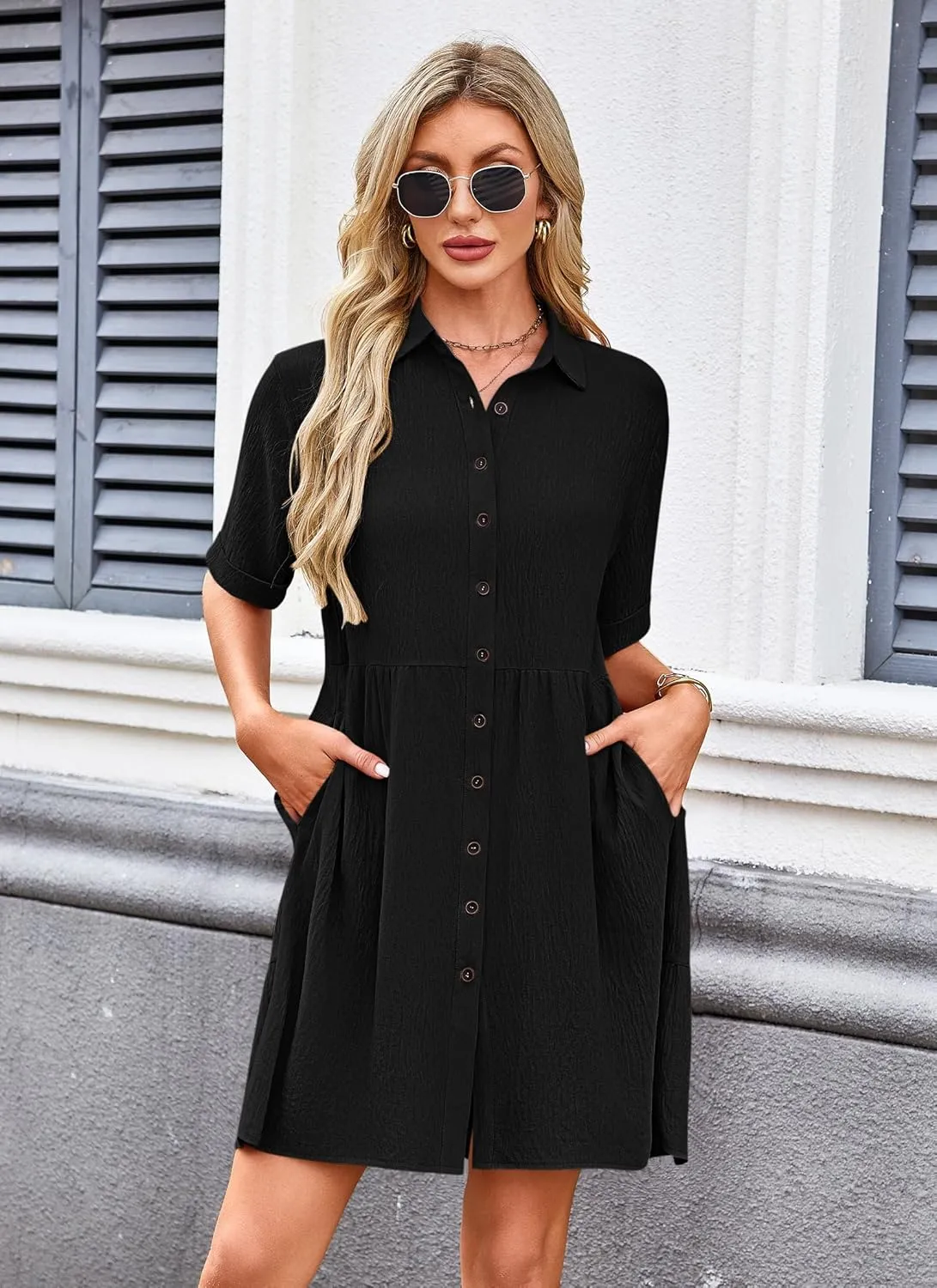 AUSELILY Women's Summer Babydoll Dress Casual Short Sleeve Sundress Button Down Dresses with Pockets 2025 New