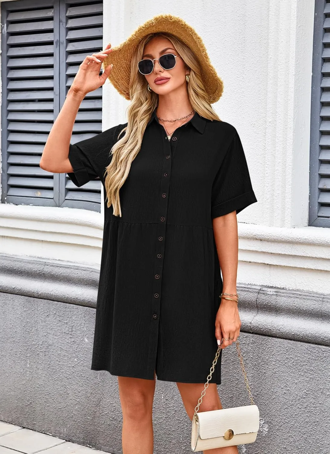 AUSELILY Women's Summer Babydoll Dress Casual Short Sleeve Sundress Button Down Dresses with Pockets 2025 New