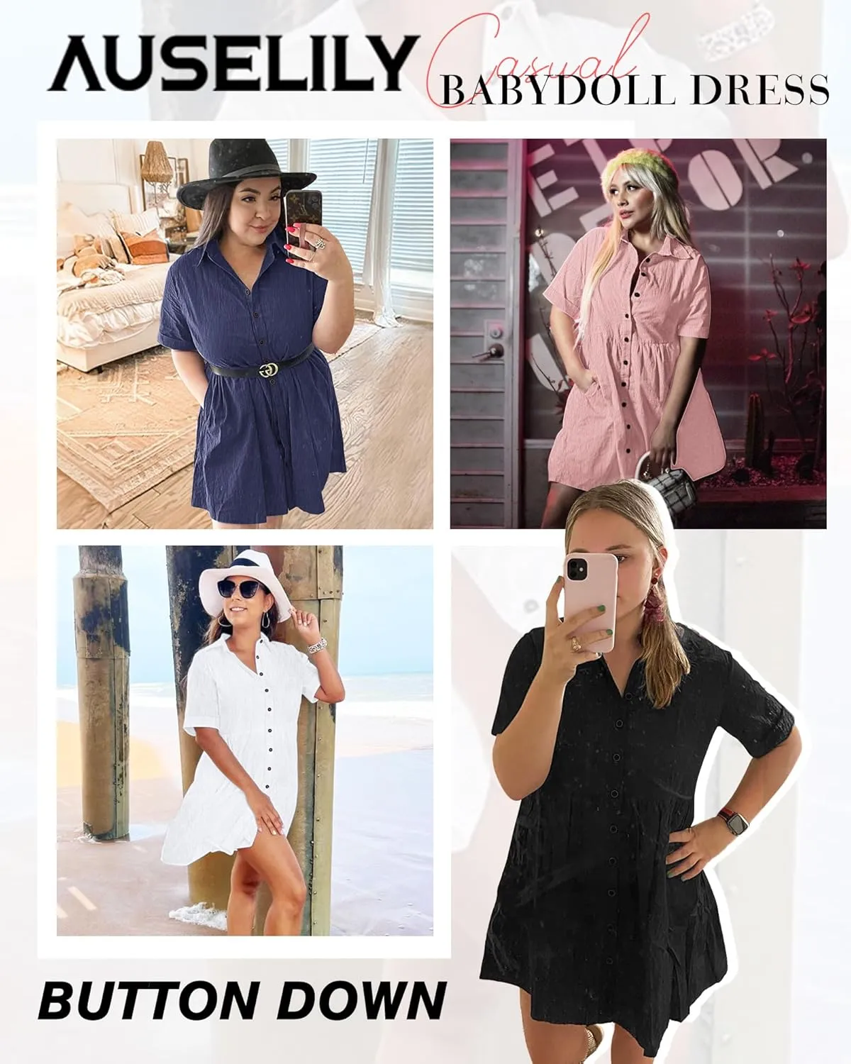 AUSELILY Women's Summer Babydoll Dress Casual Short Sleeve Sundress Button Down Dresses with Pockets 2025 New