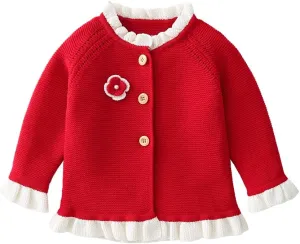 Baby Girls Knitted Cardigan Sweater Crewneck Knit Crochet Button Closure Cardigan Tops Coat Outwear for Toddler