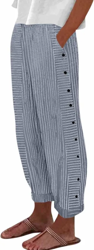 Baggy Striped Pants Women 2025 Trendy Side Button Cotton Linen Pants Straight Leg High Wasited Y2k Pants with Pockets