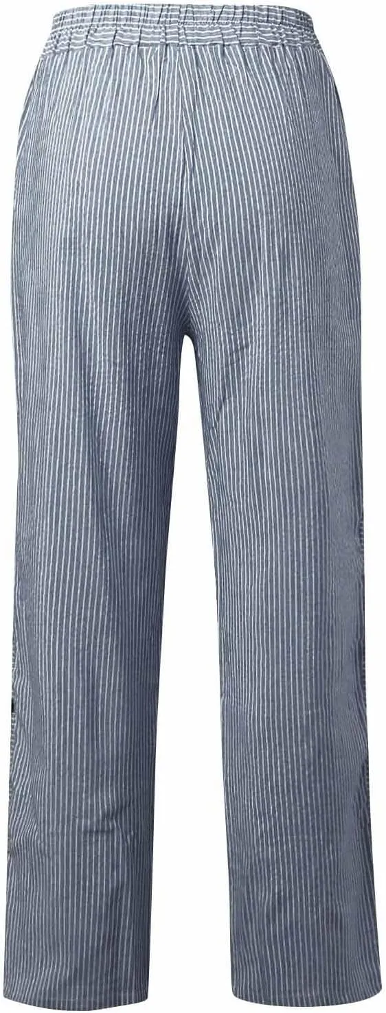Baggy Striped Pants Women 2025 Trendy Side Button Cotton Linen Pants Straight Leg High Wasited Y2k Pants with Pockets