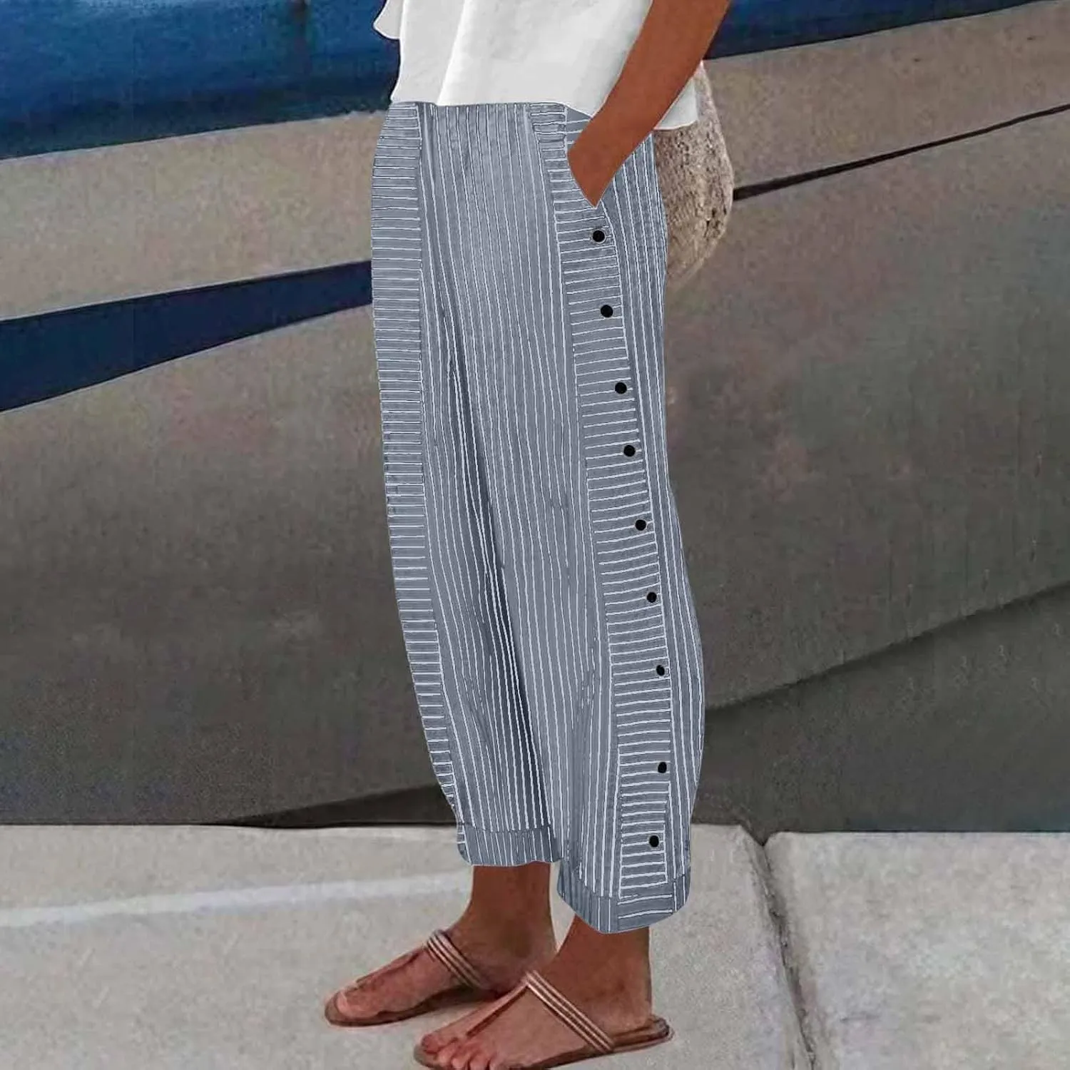 Baggy Striped Pants Women 2025 Trendy Side Button Cotton Linen Pants Straight Leg High Wasited Y2k Pants with Pockets
