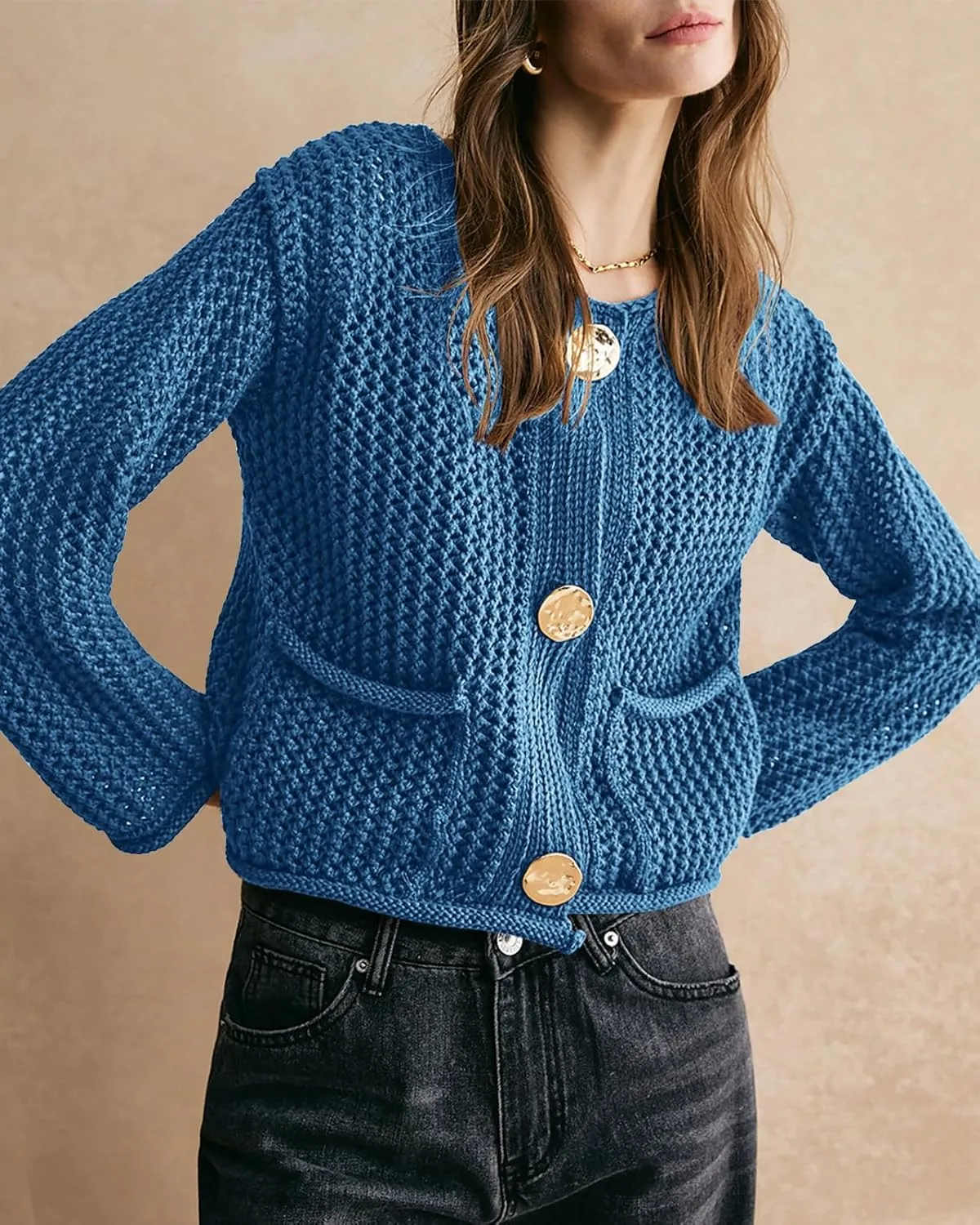 Balimtoy Womens Chunky Cropped Cardigan Long Sleeve Open Front Button Down Loose Cardigan Fall Outerwear with Pockets