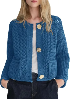 Balimtoy Womens Chunky Cropped Cardigan Long Sleeve Open Front Button Down Loose Cardigan Fall Outerwear with Pockets