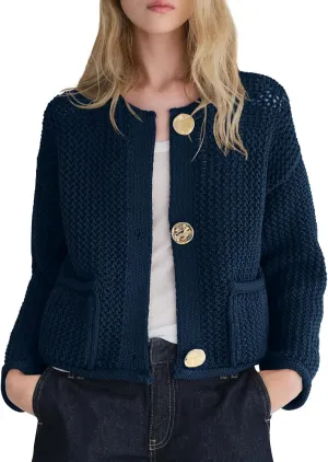 Balimtoy Womens Chunky Cropped Cardigan Long Sleeve Open Front Button Down Loose Cardigan Fall Outerwear with Pockets
