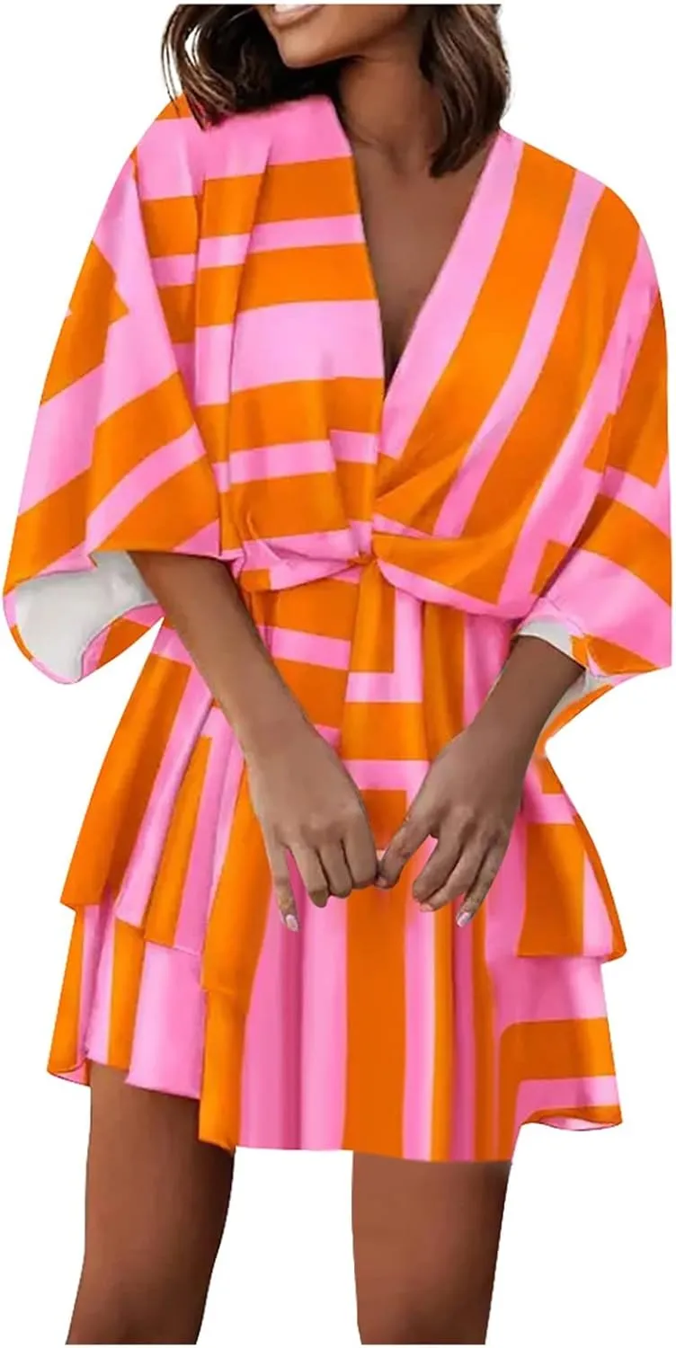 Beach Dresses for Women,2024 Summer Batwing Sleeve Floral Print Boho Dress,Casual V Neck Tiered Ruched Mini Dress