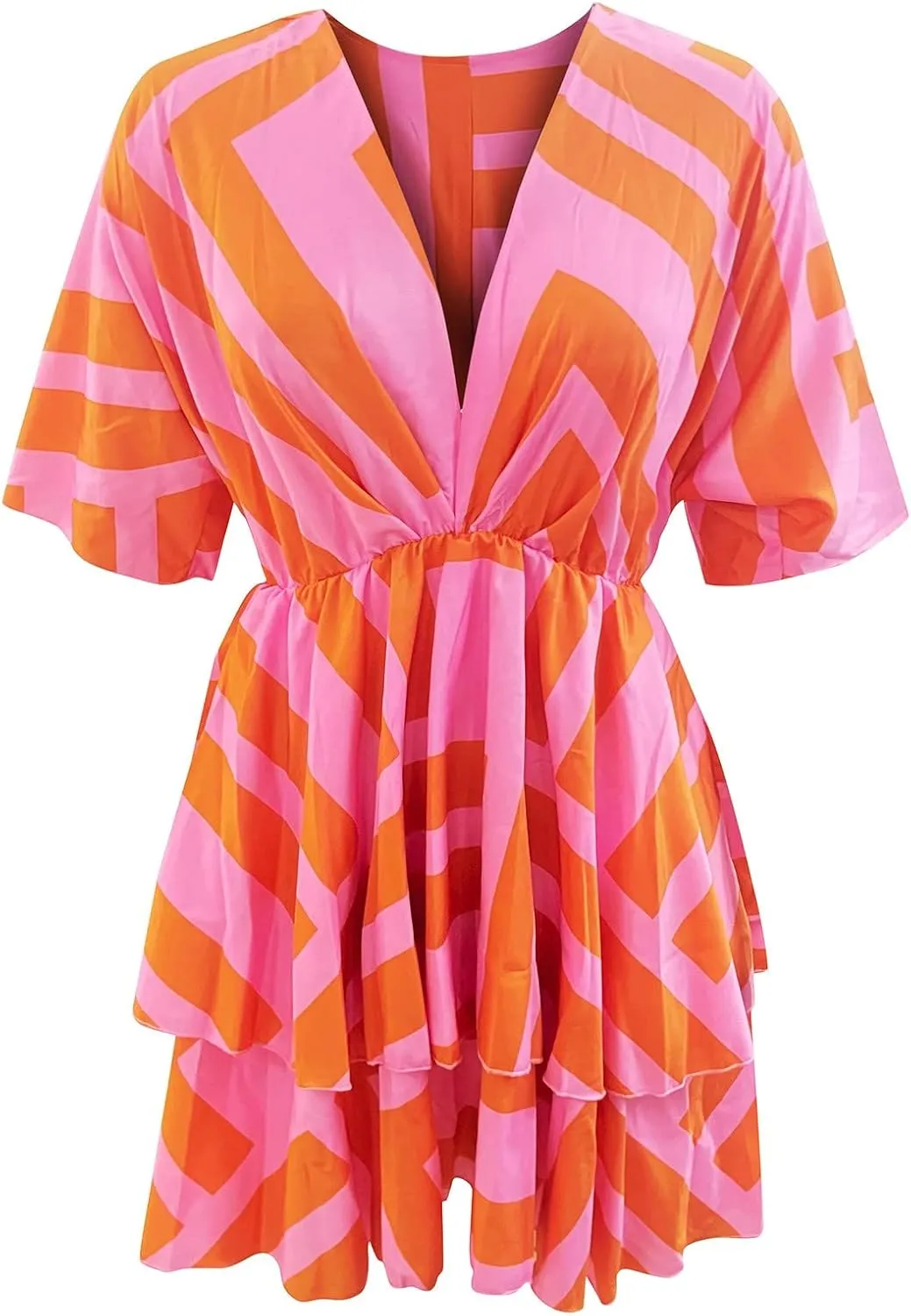 Beach Dresses for Women,2024 Summer Batwing Sleeve Floral Print Boho Dress,Casual V Neck Tiered Ruched Mini Dress