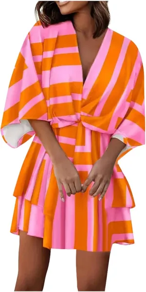 Beach Dresses for Women,2024 Summer Batwing Sleeve Floral Print Boho Dress,Casual V Neck Tiered Ruched Mini Dress
